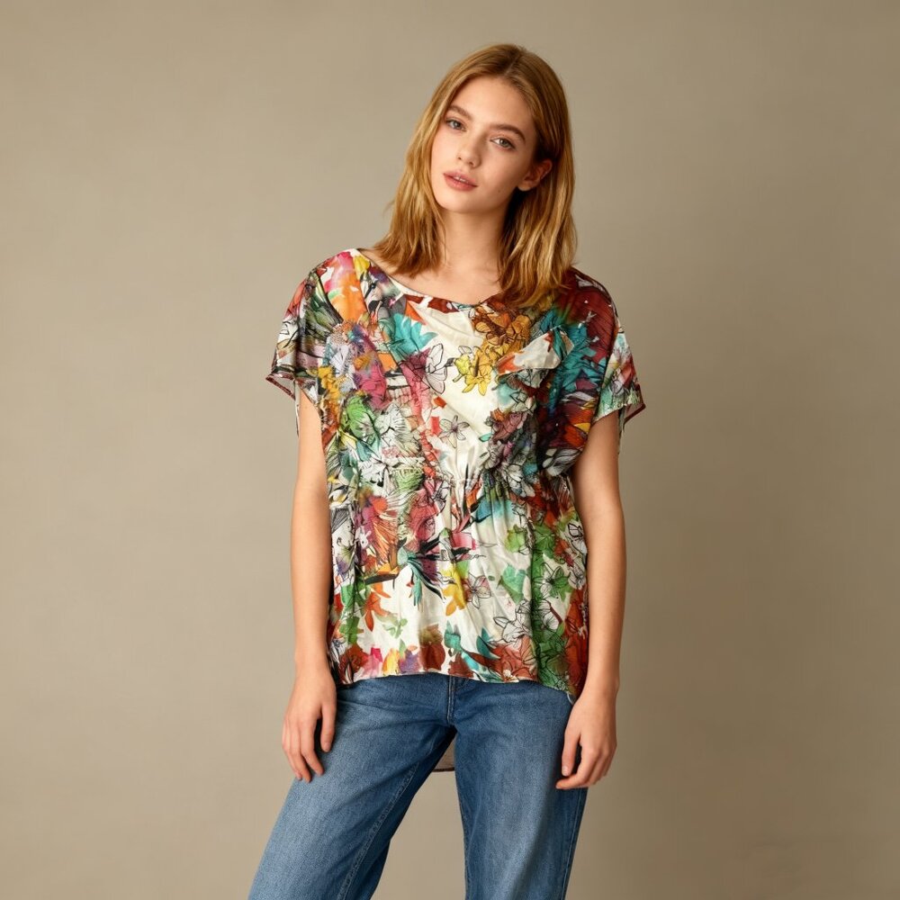 NWOT Diesel Multicolor Floral Print Draped Top Blouse Oversized Size S Woman